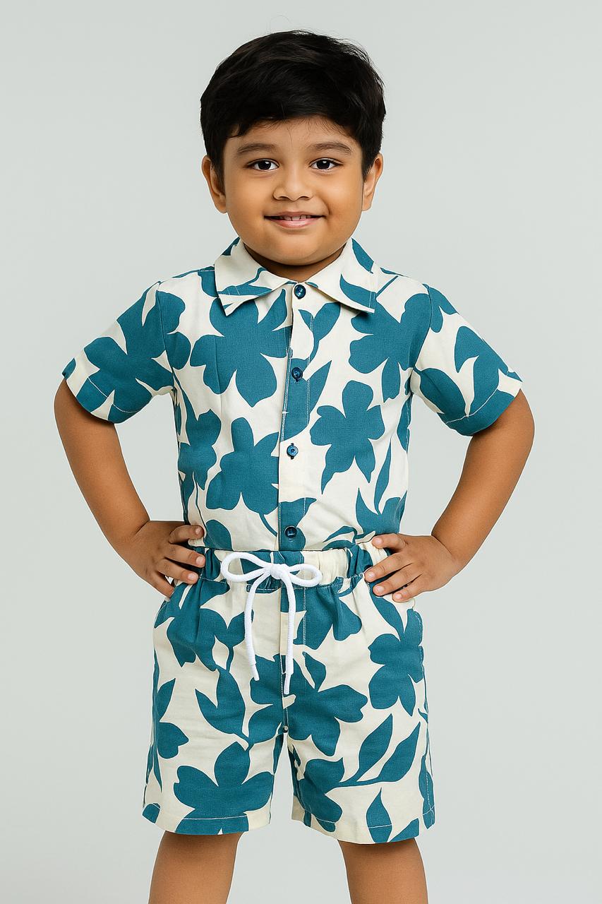 Boys Co ord Set In Leaf Off white and Light blue Color