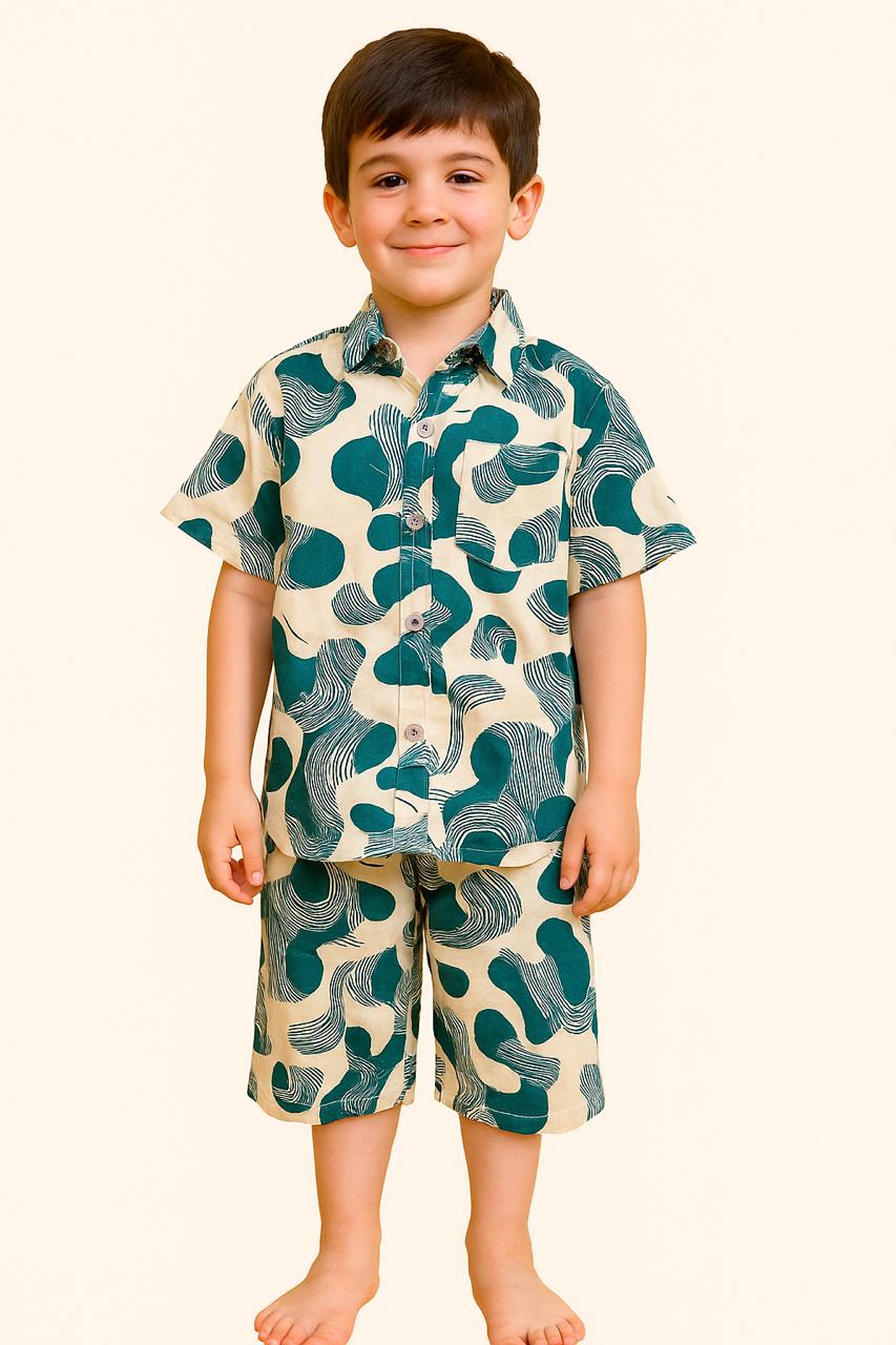 Boys Co ord Set In Uniq Off white and Light blue Color