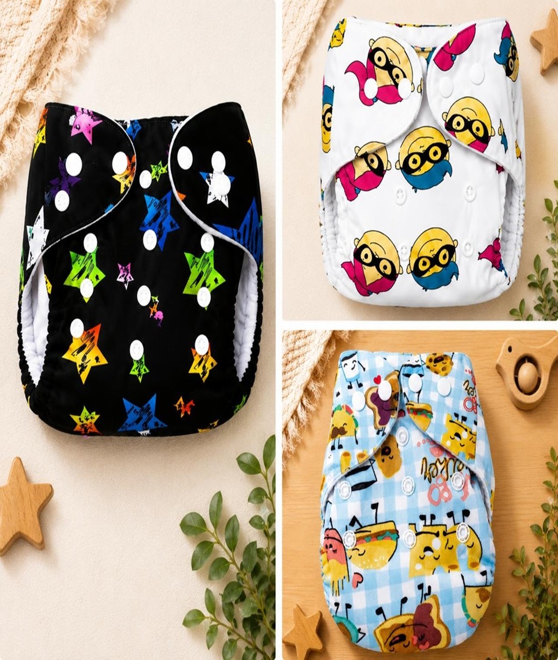 Multicolor Reusable Diaper ( 3 Pieces),White& Blue& Black